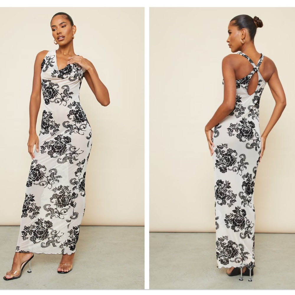 NWT PrettyLittleThing Nude Mesh Velvet Floral Cowl Neck Twist Maxi Dress Size 8